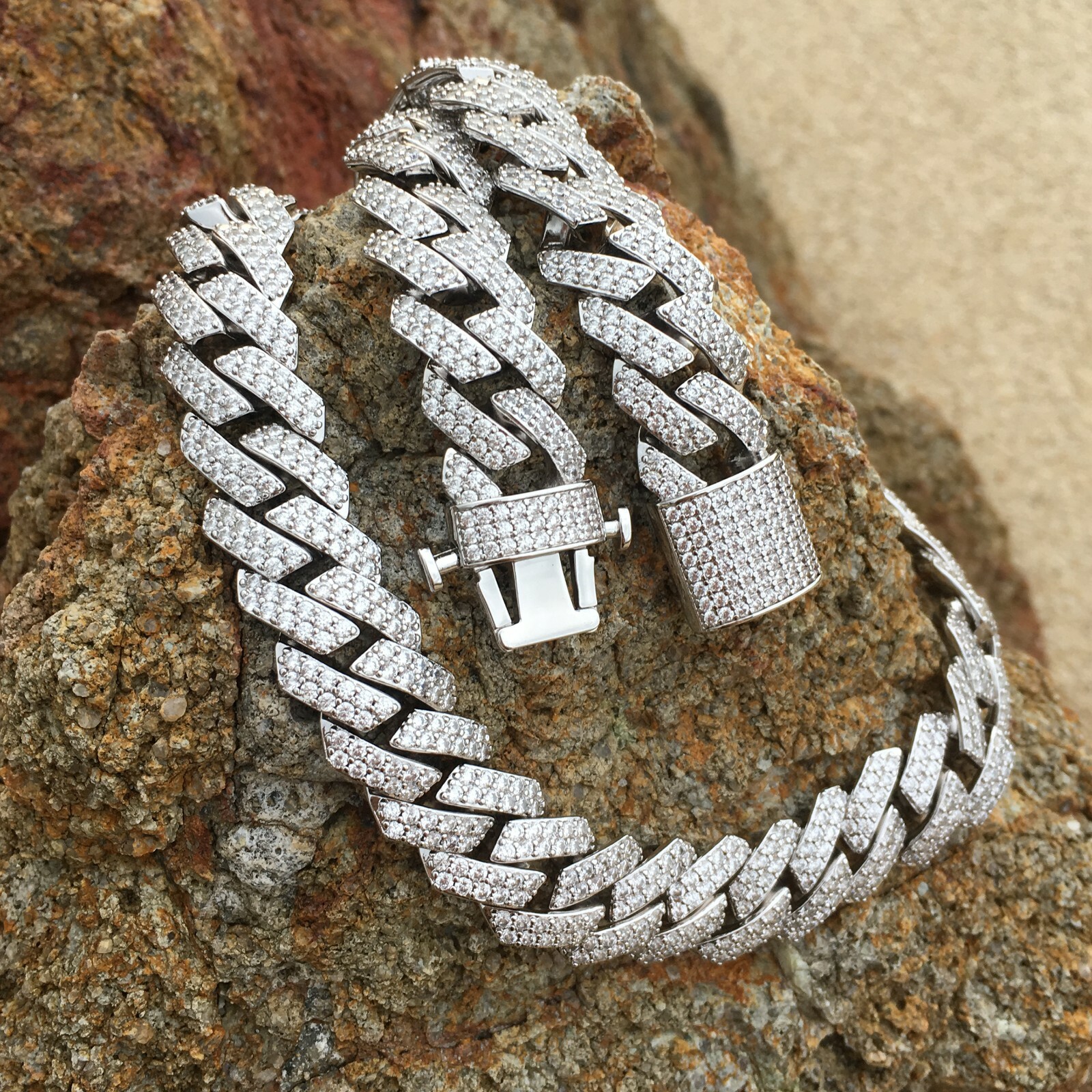 White Gold Plated Full Iced CZ Out Stainless Steel Mens Cuban Link Chain 15MM