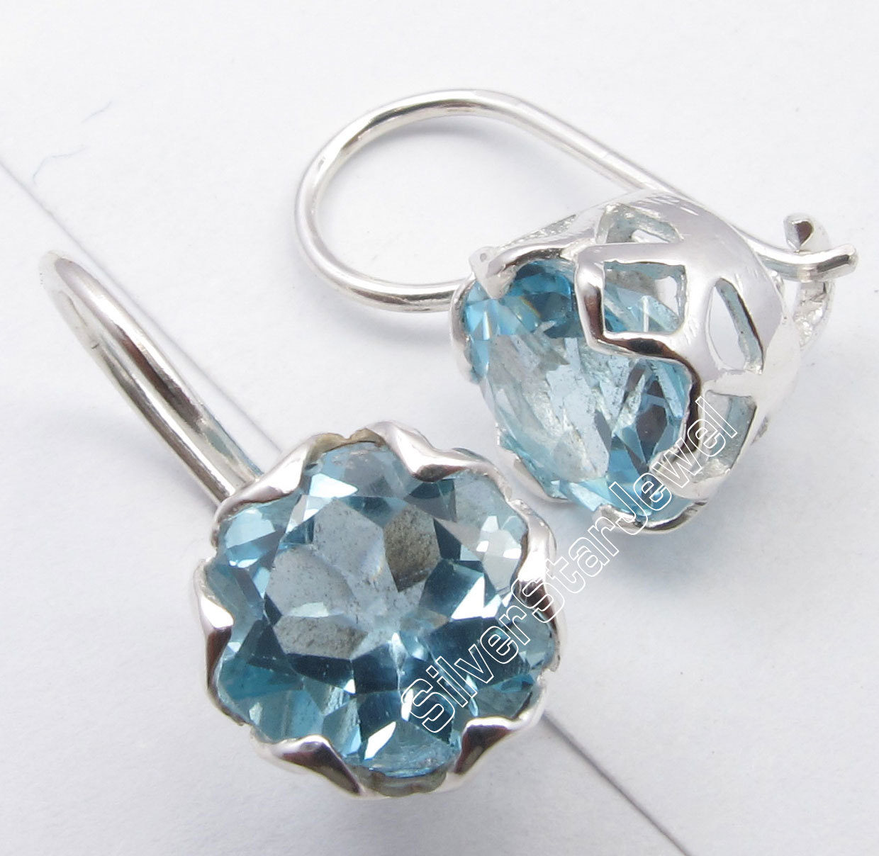 DISCOUNT WHOLESALE 925 Solid Silver BLUE TOPAZ Nice CAGE Setting Earrings 0.7″