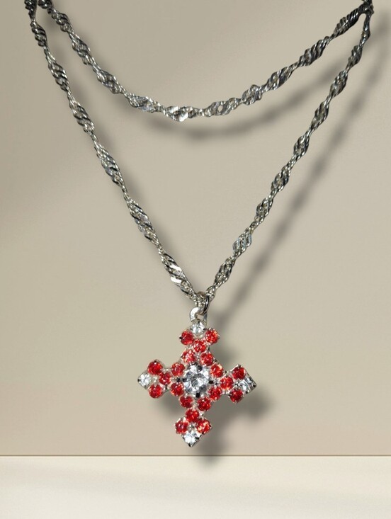 Sparkling Gothic Red And Clear Cross Rhinestone Pendant Twist Chain Silver