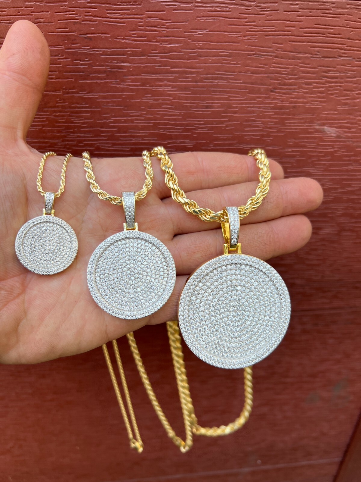 Real MOISSANITE Gold Plated Out Iced Round HipHop Pendant Necklace Passes Tester