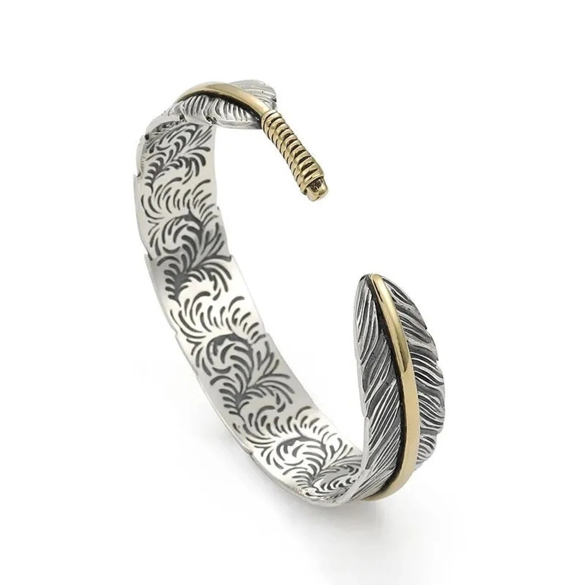 Women Men Retro Vintage 925 Sterling Gold Silver Feather Cuff Bangle Bracelet US