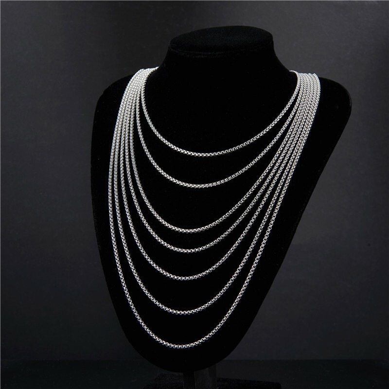 Round Box Chain Stainless Steel Necklace Silver Men Women 16″-32″
