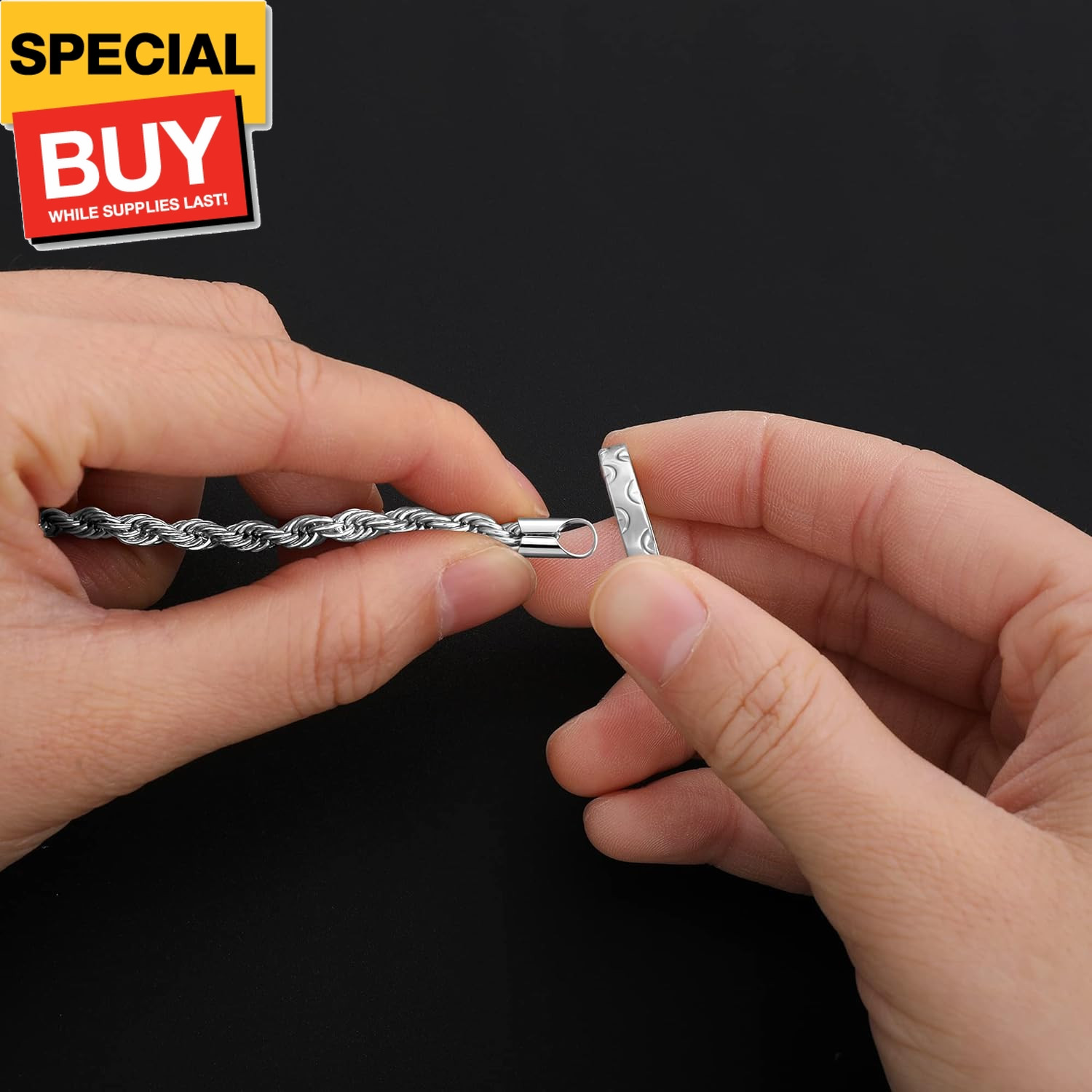 3mm Rope Chain Necklace for Men, Silver Tone Mens Chain Necklace, Stainless Stee
