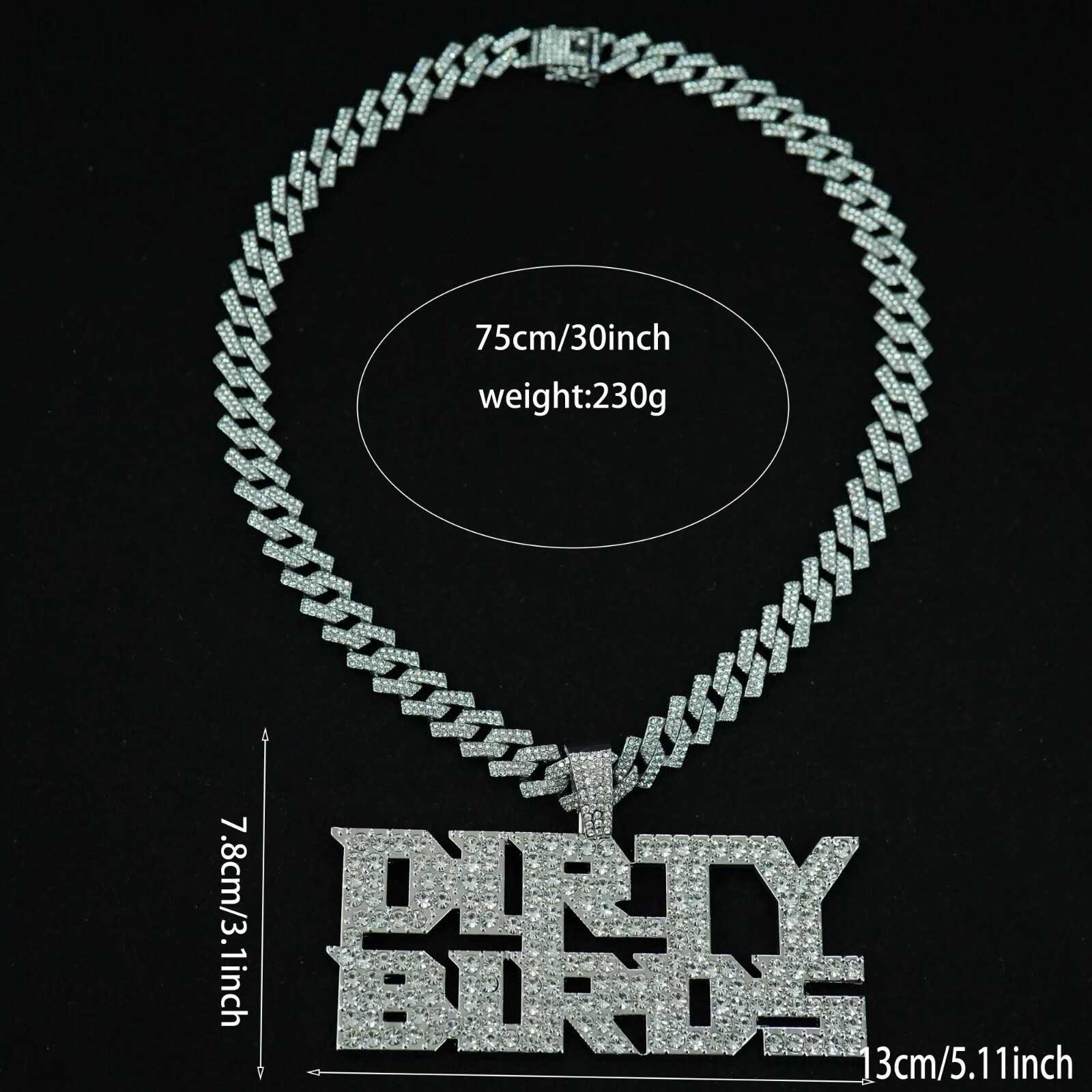HipHop Iced DIRTY BIRDS Letter Pendant Necklace Crystal CZ Chain Fashion Jewelry