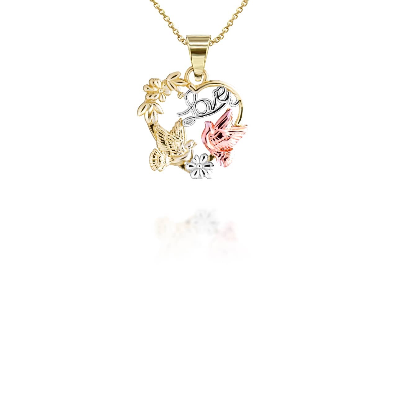 Two Tone Love Birds Heart Pendant Necklace (Available in Yellow/Rose/White Gold)