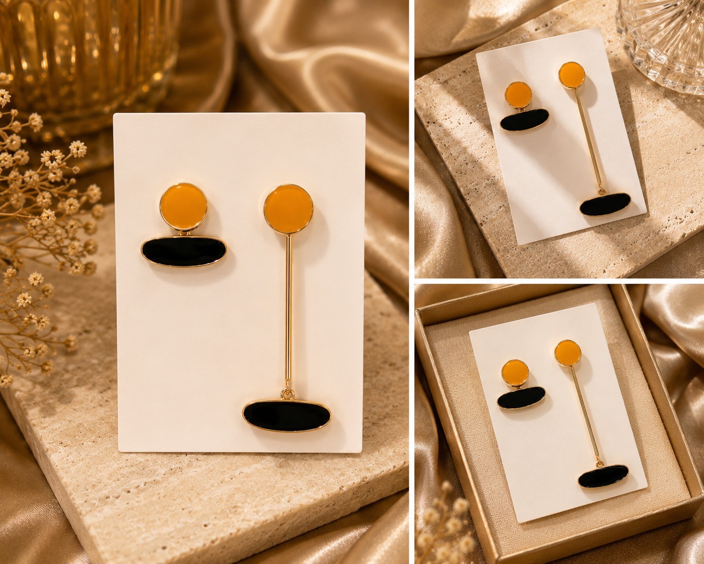 Modern Asymmetrical Gold & Black Drop Earrings | Geometric Statement Earrings