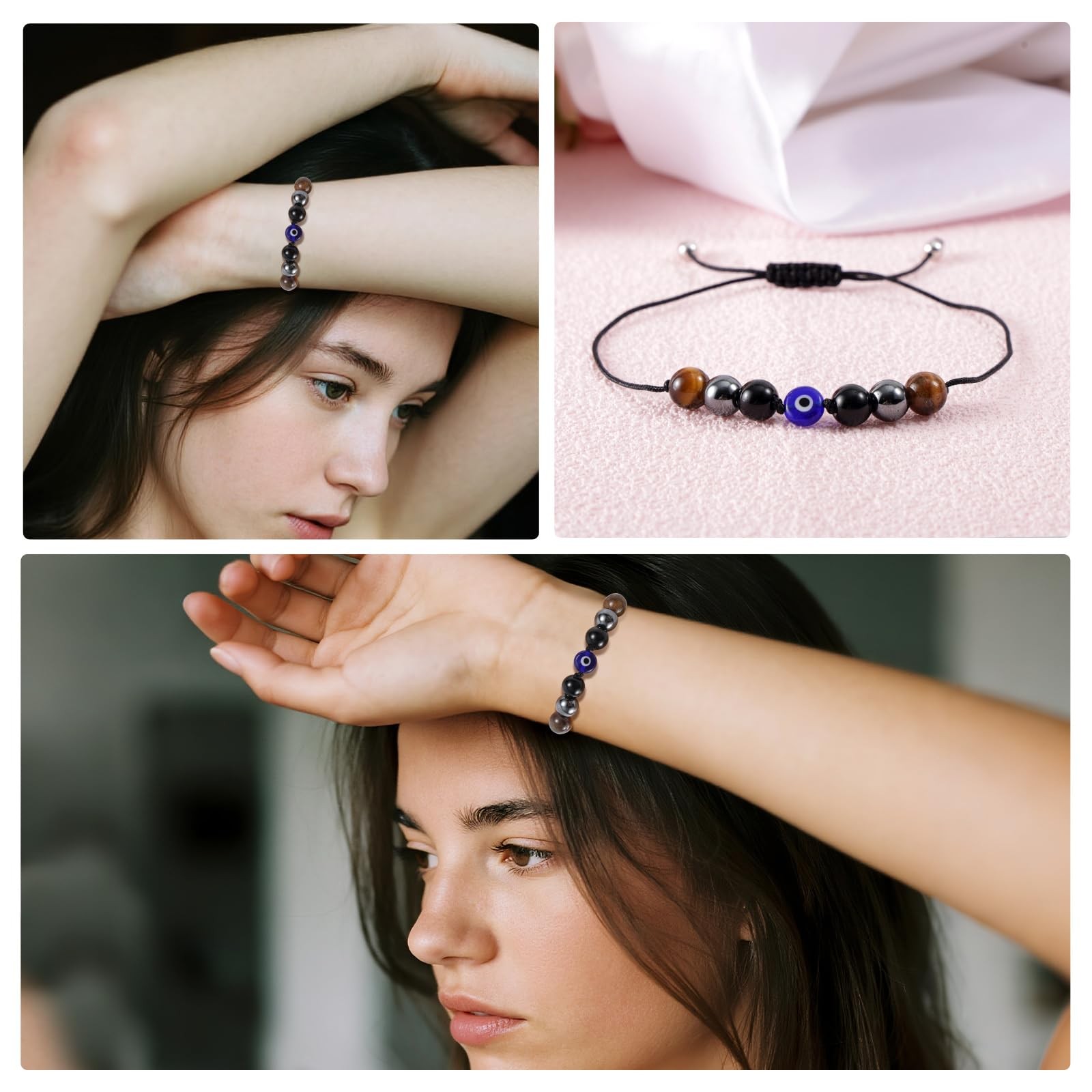 Evil Eye Bracelet, Adjustable Triple Threat Protection Bracelet Natural Stone Go