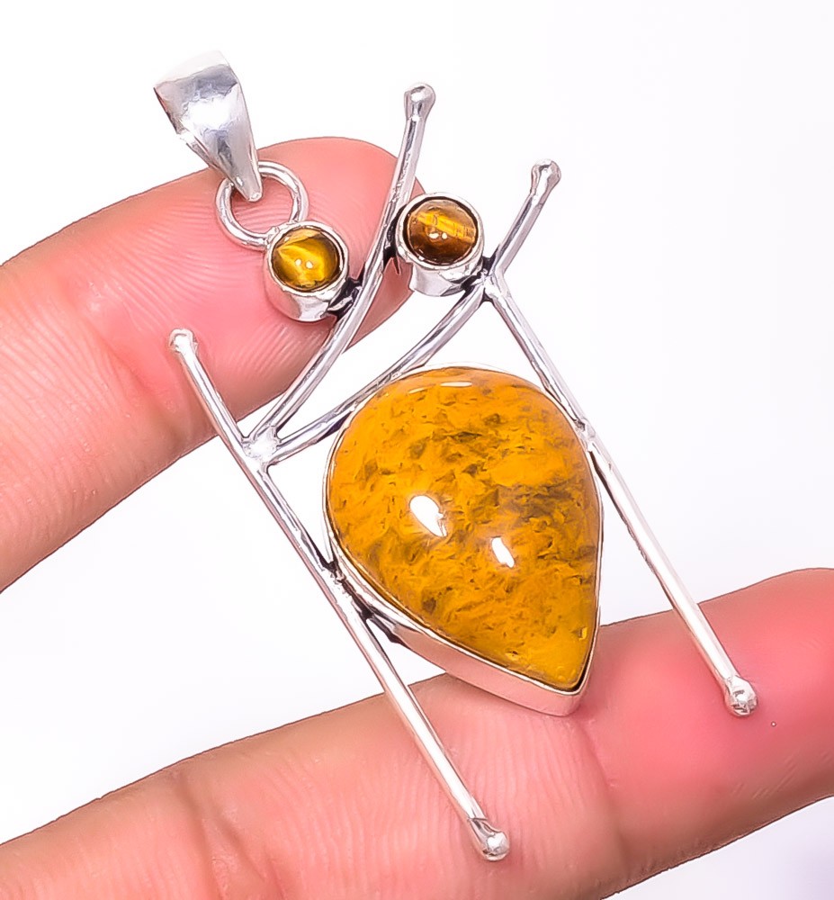 Natural Picture Jasper & Yellow Tiger Eye 925 Silver Plated Pendant 2.34″ S197