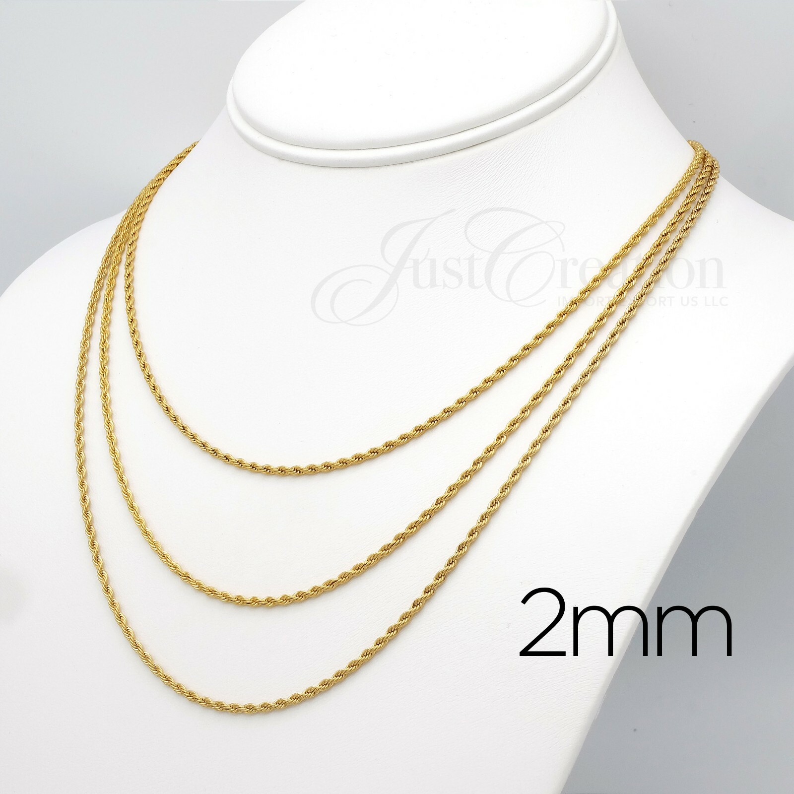 Gold Plated 18K, Stainless Steel 316L 2mm 3mm 4mm Rope Chain Necklace 14in-30in