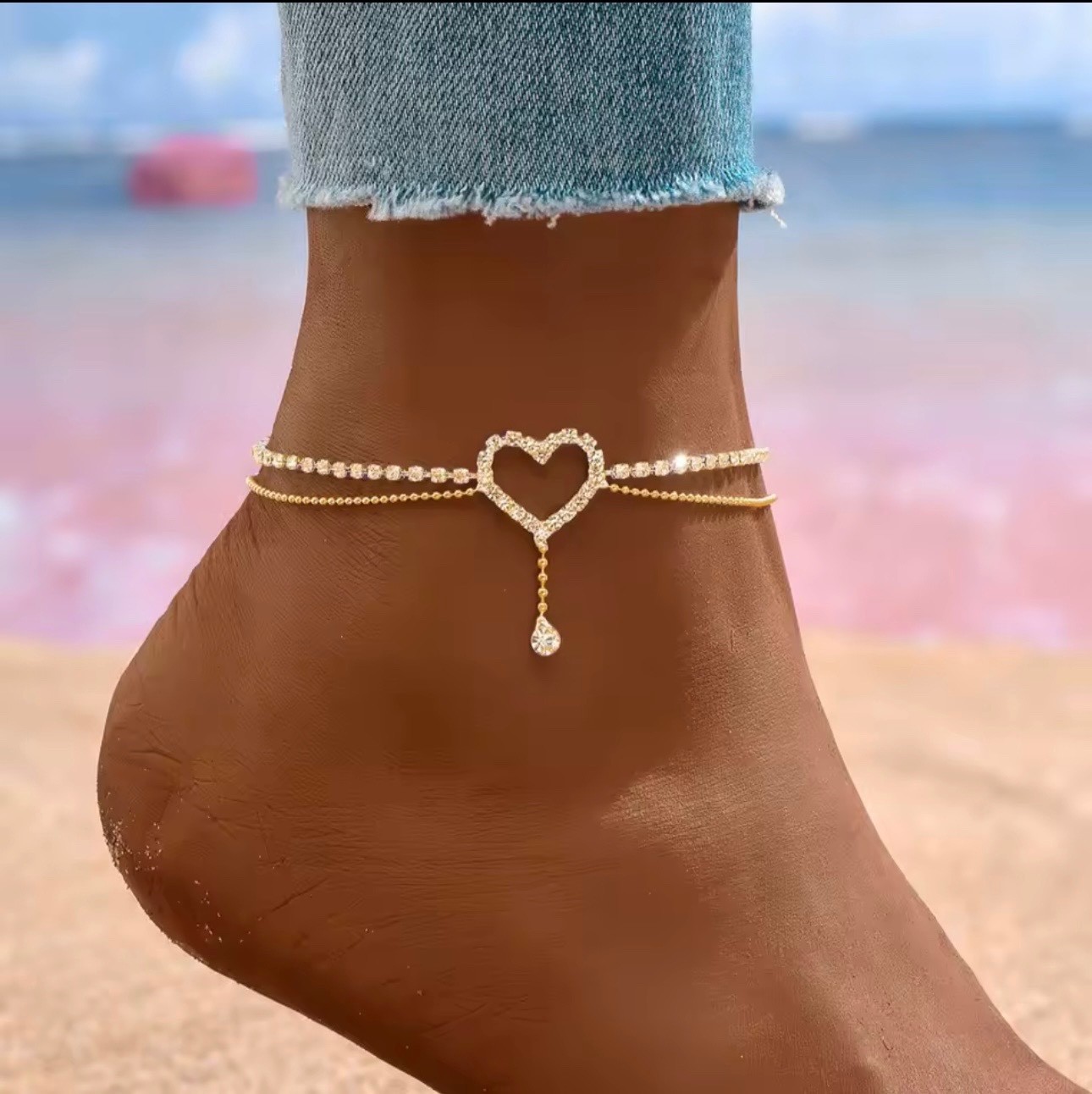 Shiny Bling Heart Drop Tassel Charm Double Layer Anklet Women Beach Foot Chain