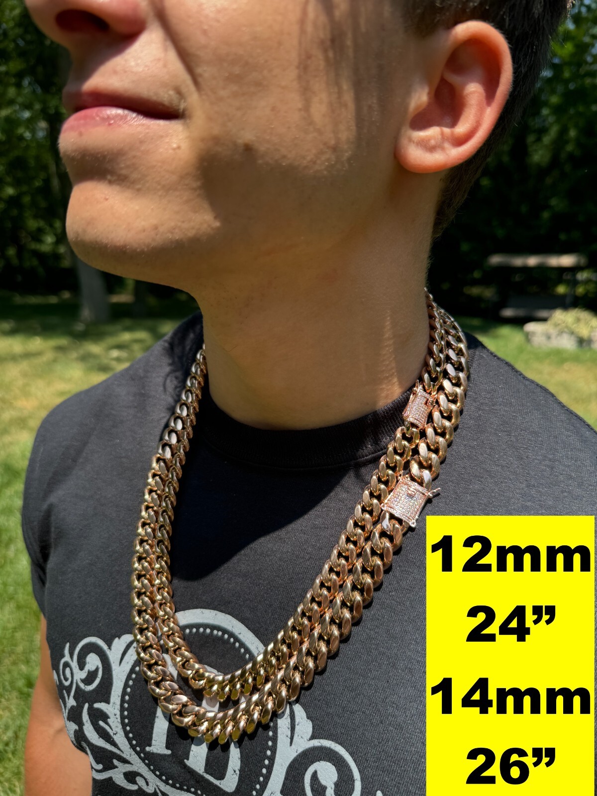 Miami Cuban Link Chain W. 1ct CZ Iced Clasp 14k Rose Gold Plated Stainless Steel