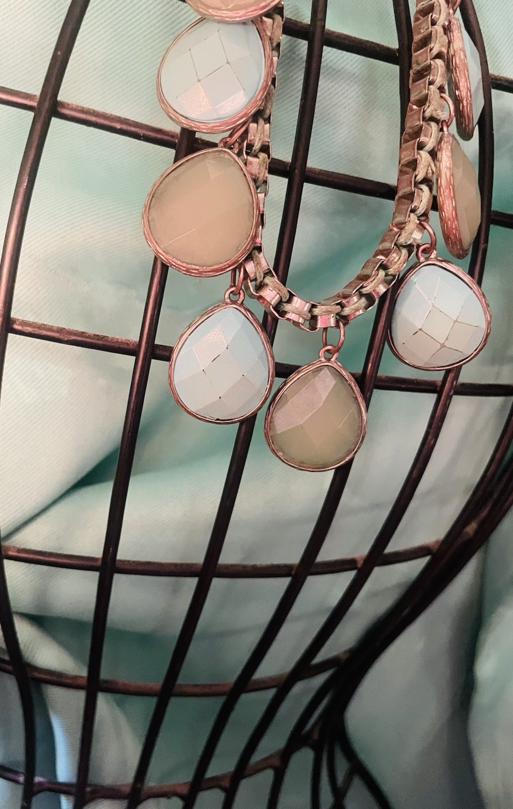 Rose Gold Tone Oval Link Chain Necklace with Pink Round Charm Dangles