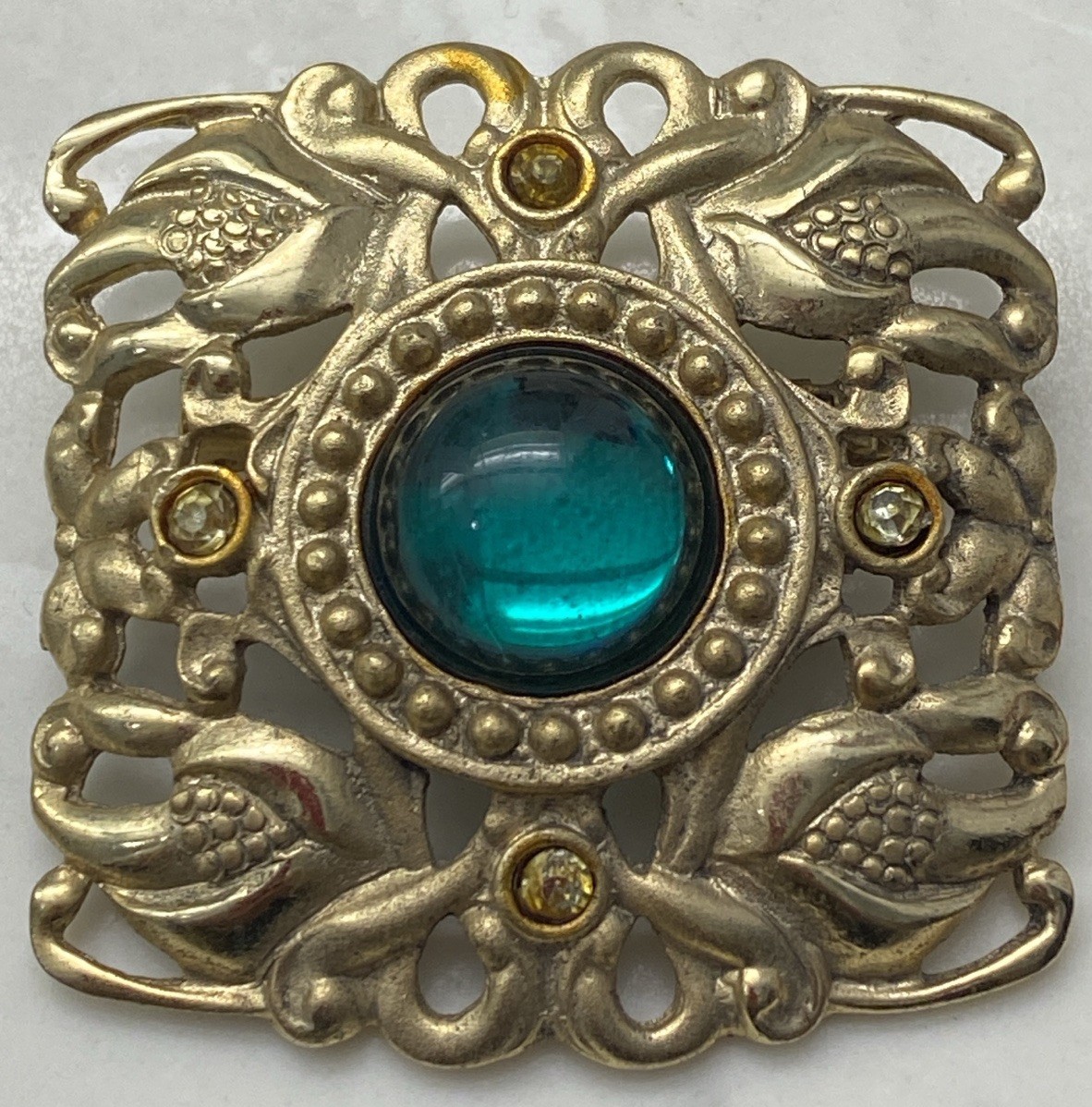 Vintage Art Deco Era Brooch Teal Foil Backed Glass Cabochon Champagne Tone