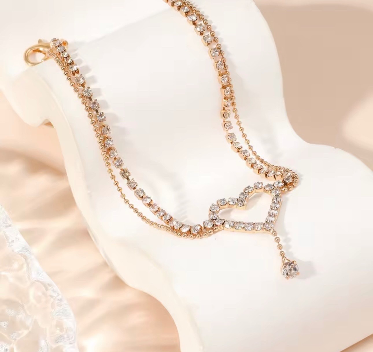 Shiny Bling Heart Drop Tassel Charm Double Layer Anklet Women Beach Foot Chain
