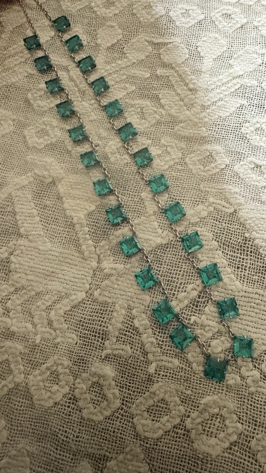 Antique Art Deco Sterling Silver Green Paste Necklace 17 Inches