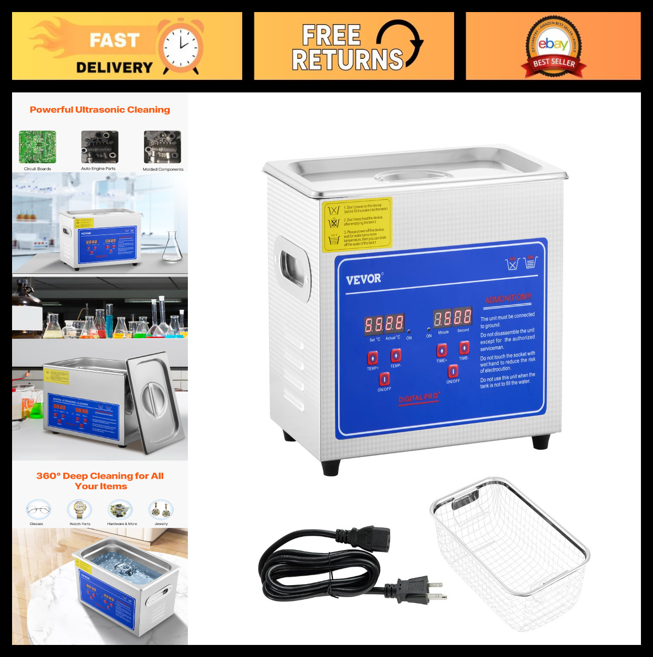 3L Ultrasonic Cleaner with Heat, Digital Timer & Stainless Steel Tank – Jewelry,