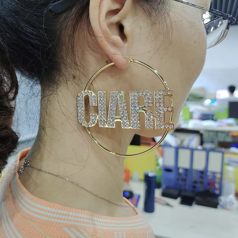 Customized Name Hoop Earrings Zirconia Diamond Jewelry Stainless Steel Handmade
