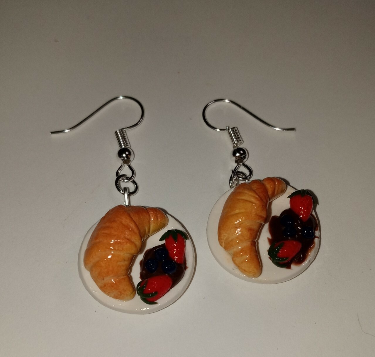 Croissant And Fruit Plate Earrings Silver Wire Bread Fruit Chocolate Dip