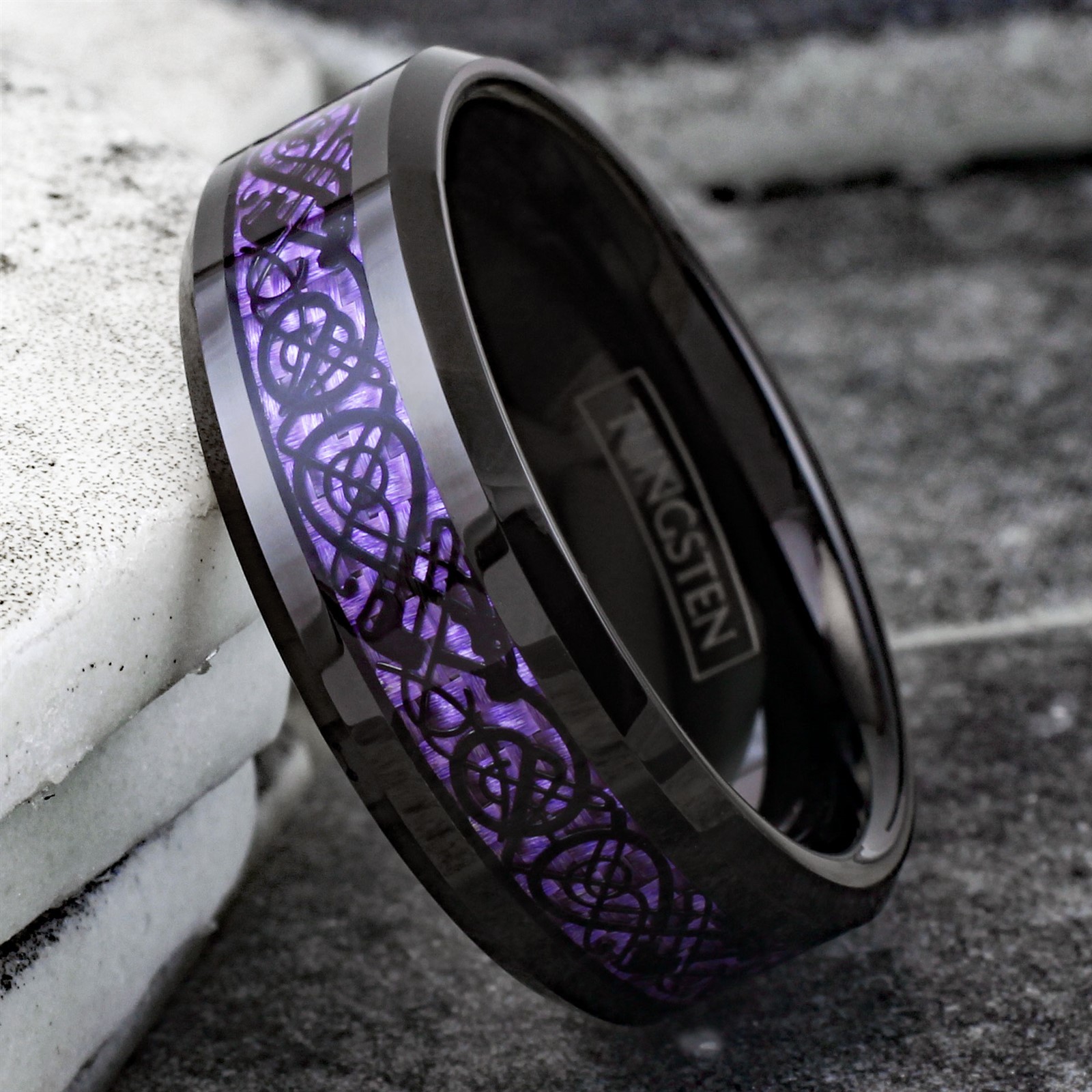8mm Black Tungsten Carbide Purple Carbon Fiber Celtic Dragon Wedding Band Ring