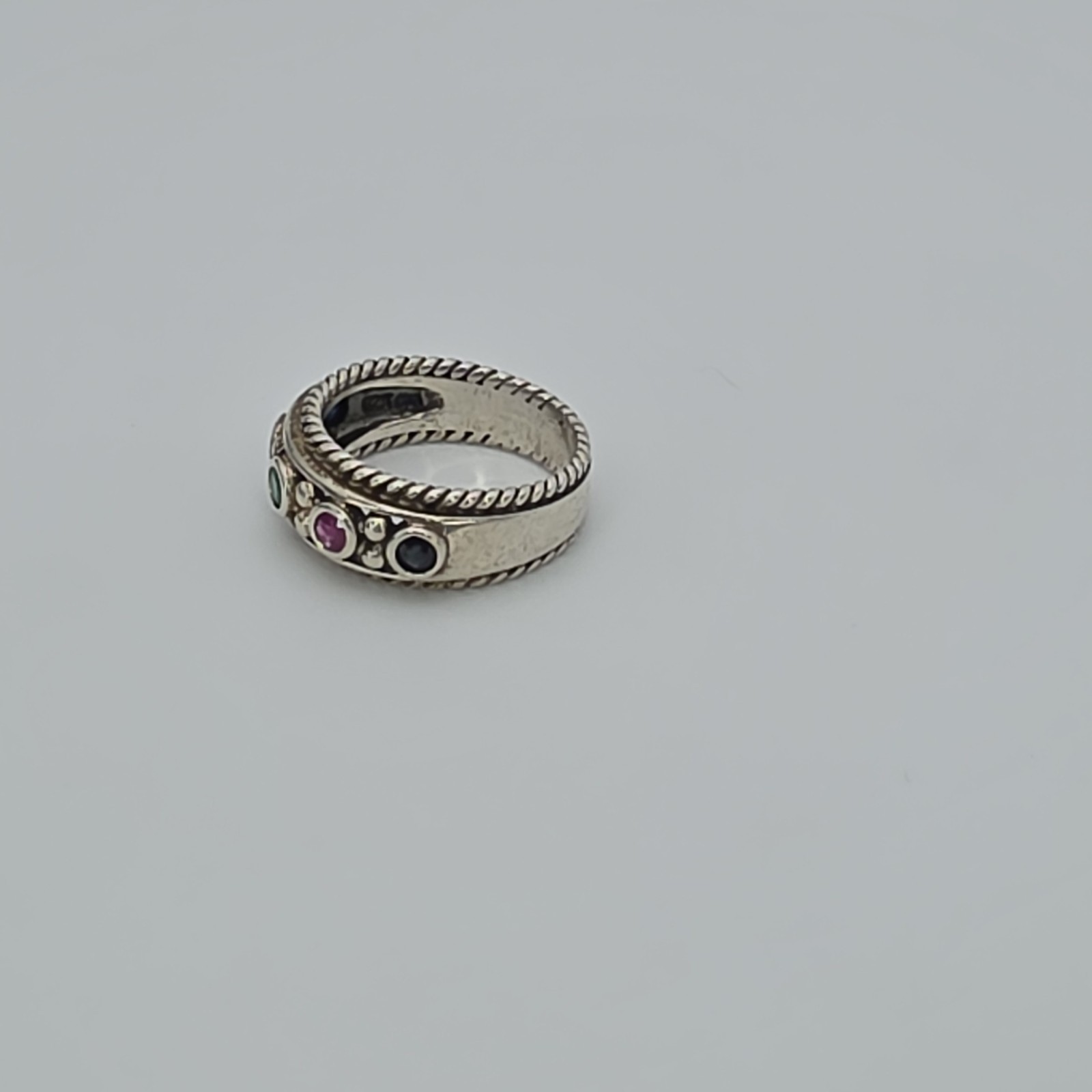 Vtg PRANDA Genuine Ruby Emerald Sapphire Ring 925 Sterling Silver Thailand Sz 8