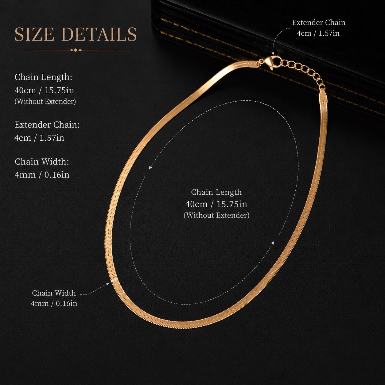 Gold or Silver 4mm Flat Herringbone Chain Choker Necklace 40cm + 4cm Extender