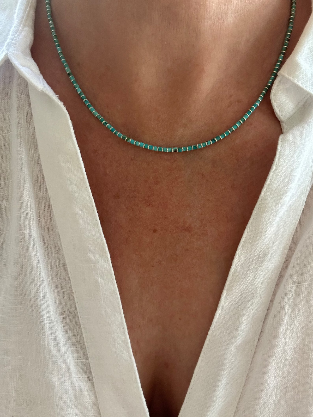 2mm Blue Turquoise Heishi Necklace & Silver Beads, Dainty Modern Contemporary