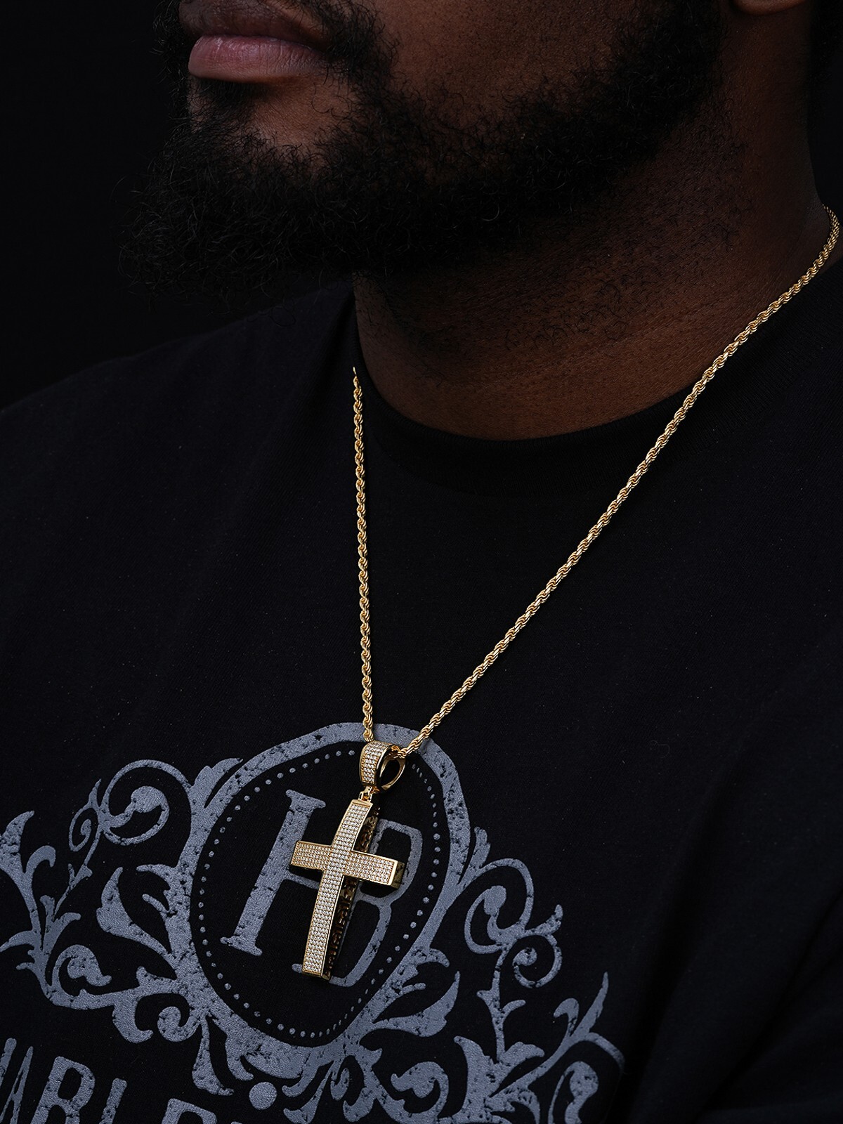 Mens Solid 925 Silver Cross Pendant Real ICED 3ct CZ 14k Gold Plated Rope Chain