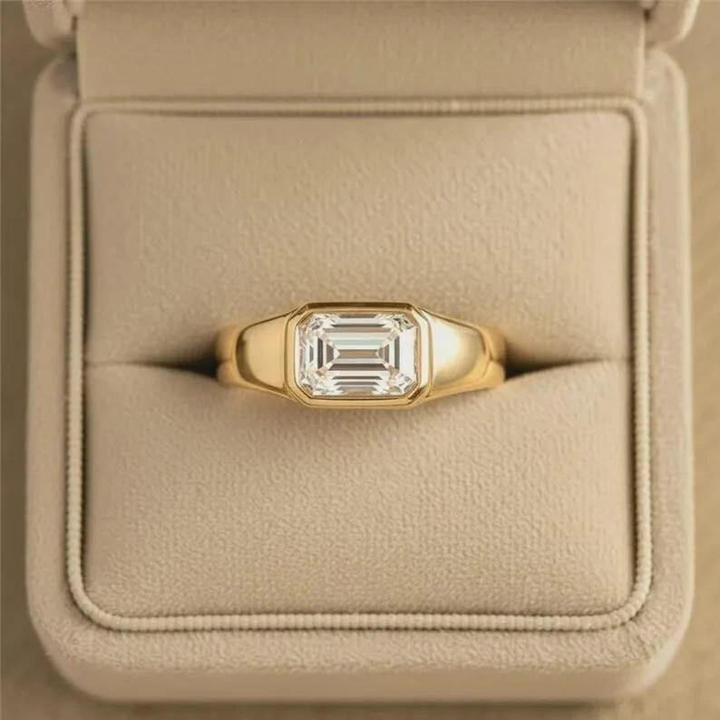 2 CT Emerald Cut East West Signet Moissanite Ring 925 Sterling Silver Jewelry