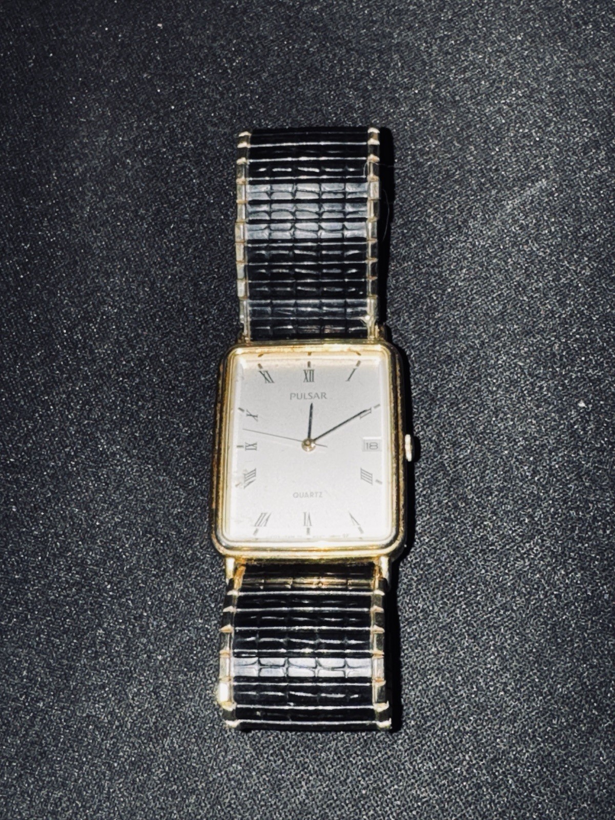 Vintage 1988 Pulsar V322-5300 Quartz Tank Watch with Black Stretch Band