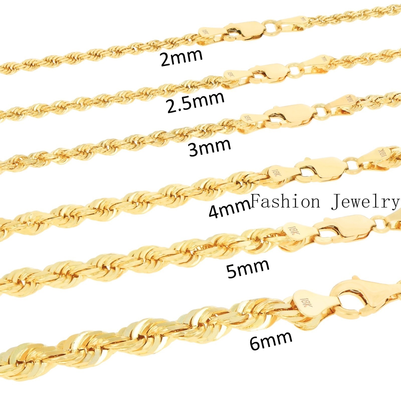 18K Yellow Gold Solid 2mm-6mm Rope Diamond Cut Chain Italian Necklace 16″- 30″