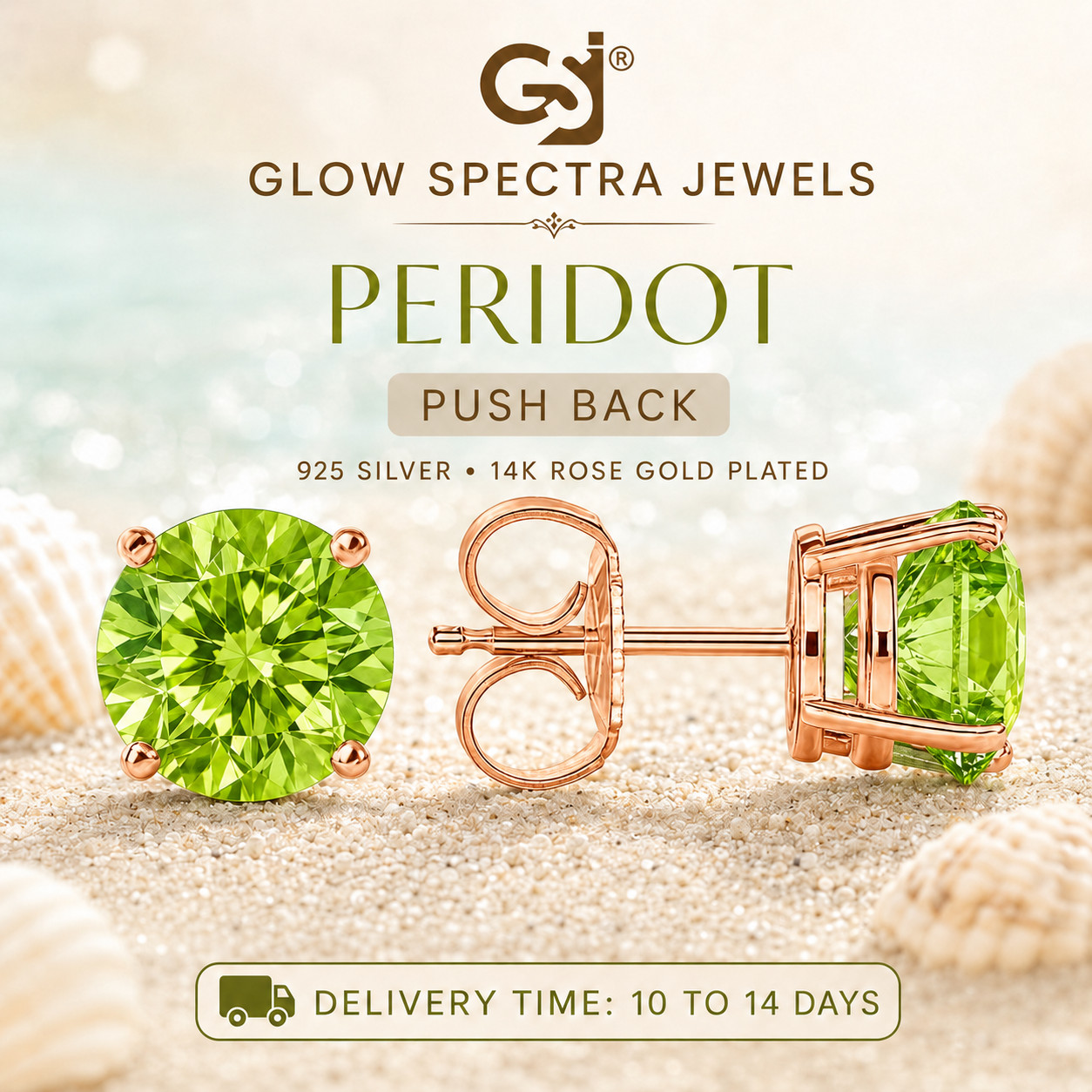 2.00CT Solitaire Green Peridot Stud Erring 925 Silver 14k Rose Gold Plated