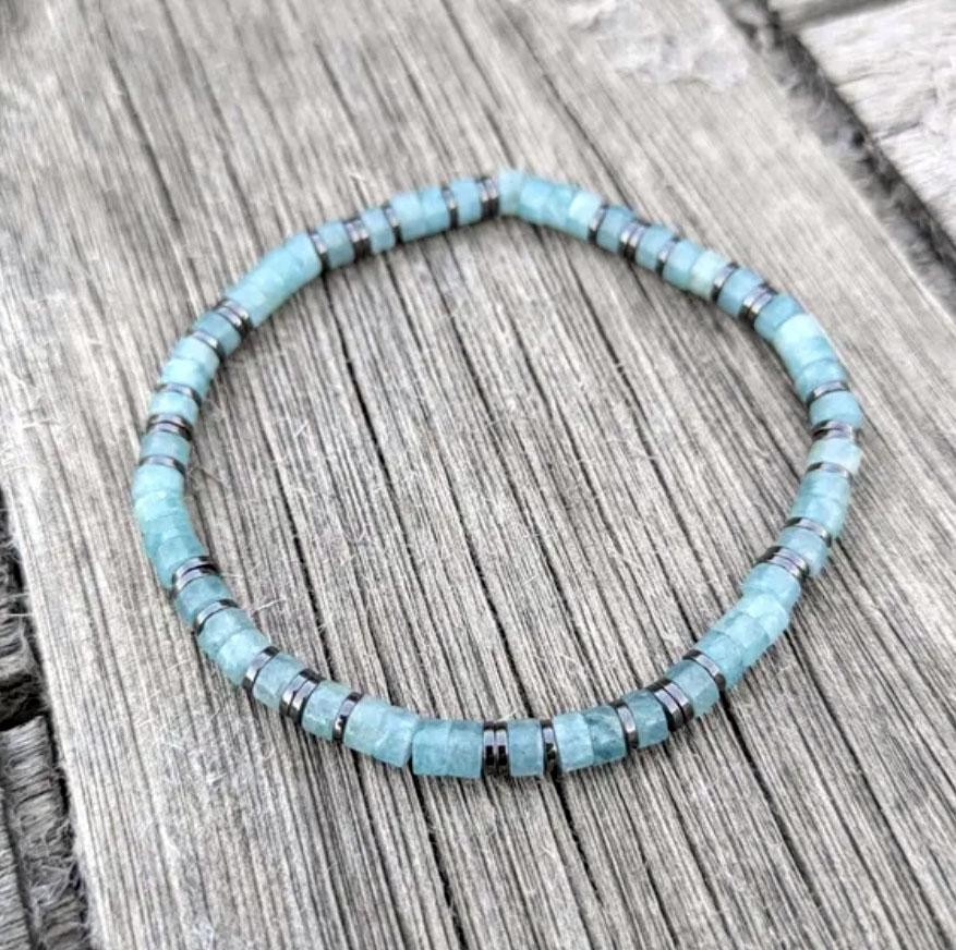 Genuine Aquamarine Hematite Protection Bracelet Healing Wealth Women Men Jewelry