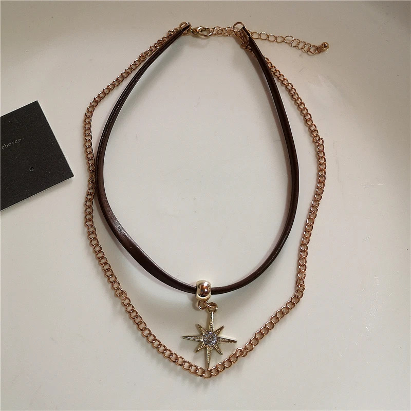 Women’s Vintage Leather Stone Pendant Beaded Choker Chain Necklace Y2K Jewelry