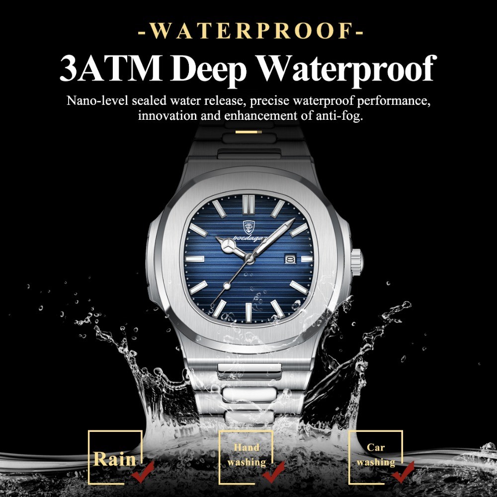 POEDAGAR Square Men Waterproof Luminous Date Stainless Steel Quartz Watch