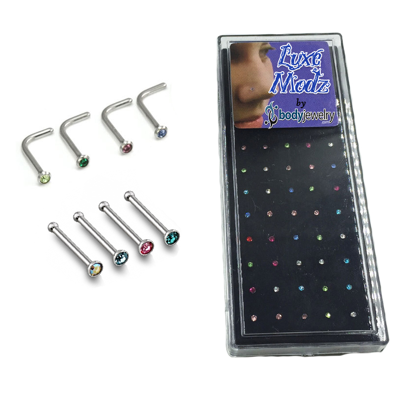 Nose Ring 18G L shape & Straight Bone with Colorful Jewel – 40 Pieces