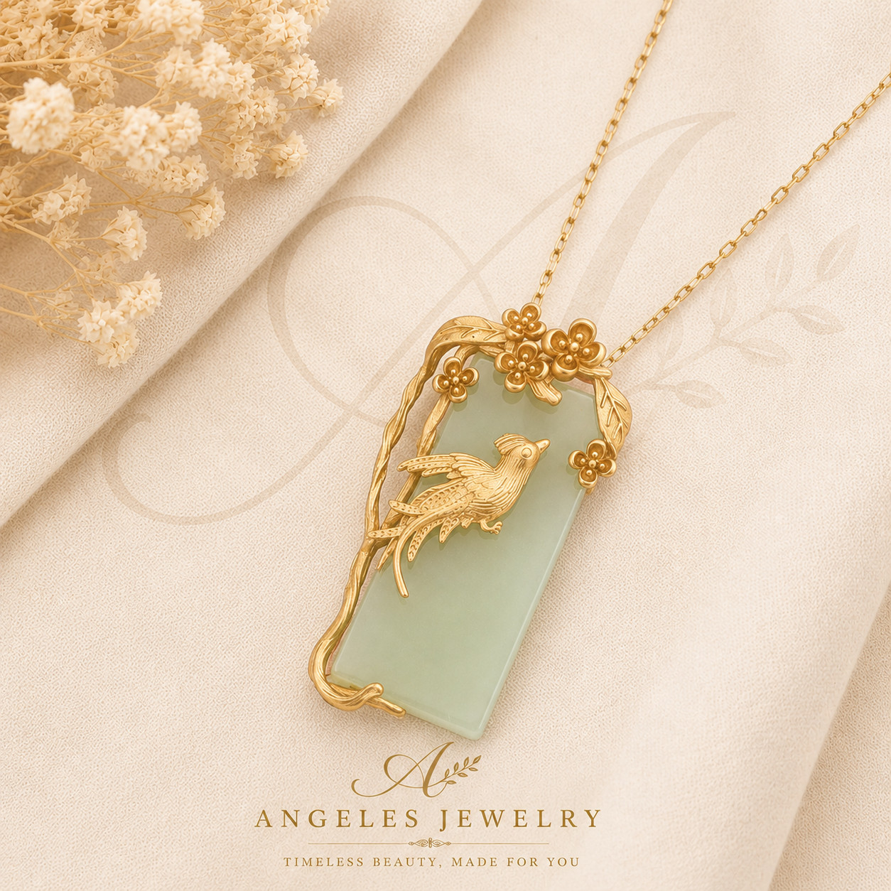 Jade Pendant Necklace Charm 18K Gold Plated Chain Phoenix Bird Dainty Gemstone
