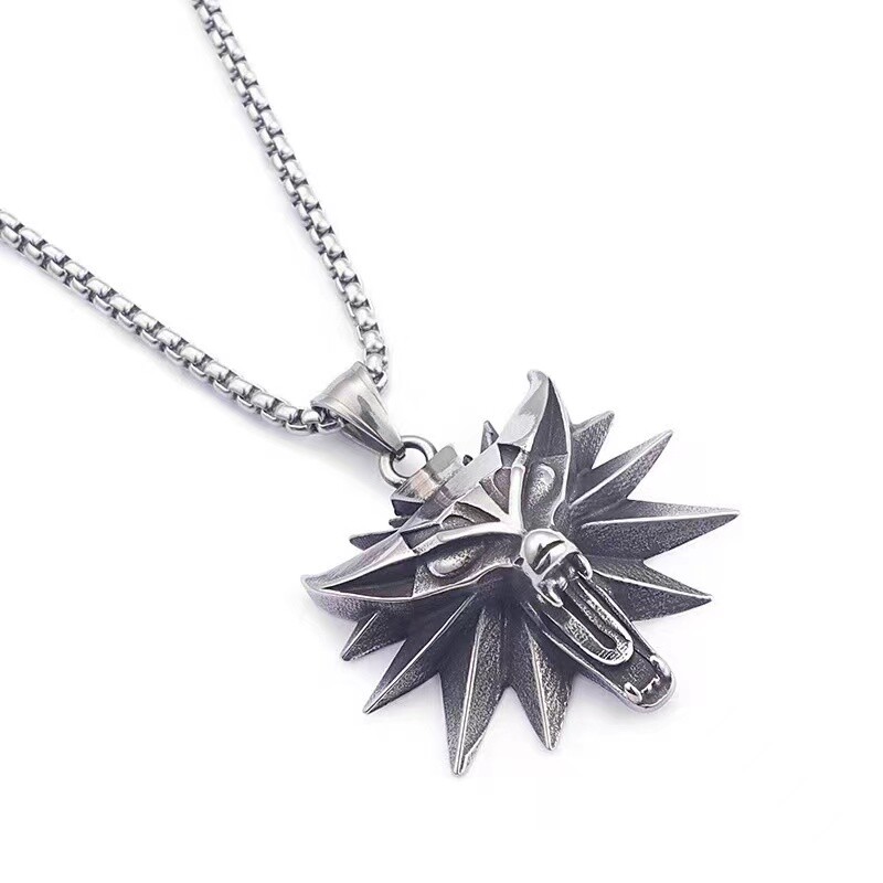 Men Unisex Punk Gothic Rock Wolf Head Pendant Necklace The Witcher Jewelry 24″