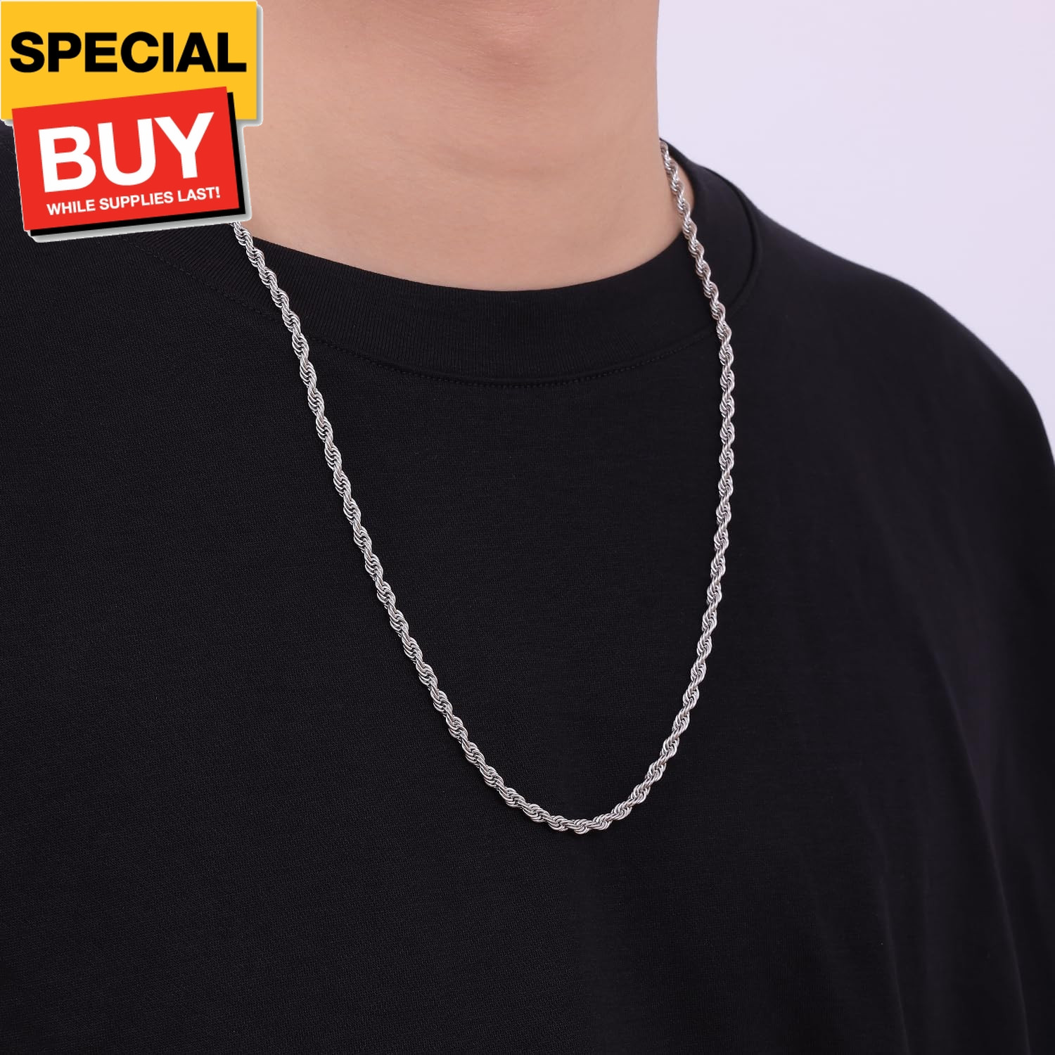 3mm Rope Chain Necklace for Men, Silver Tone Mens Chain Necklace, Stainless Stee