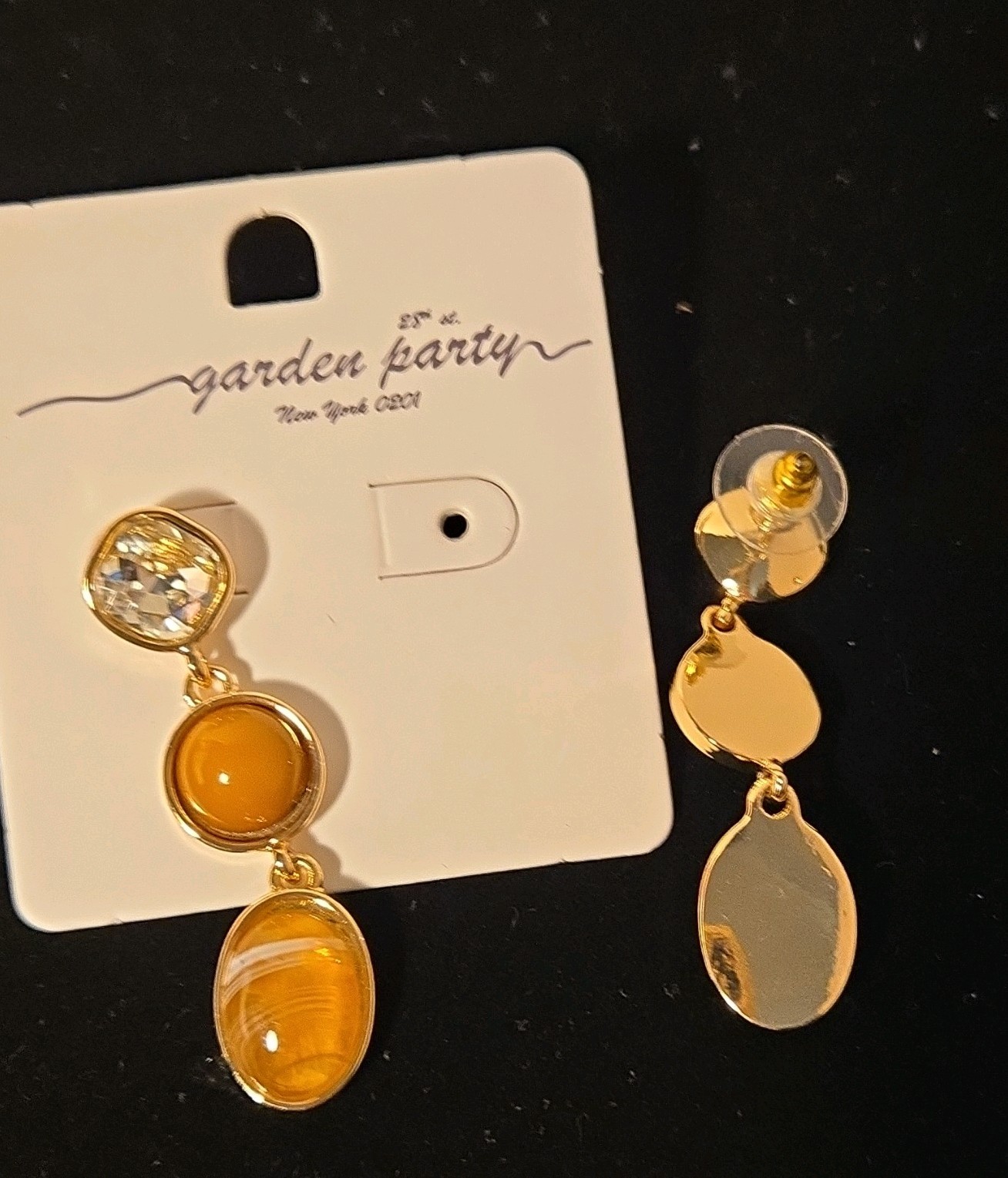 Garden Party Gold Tone Clear Crystal & Orange Oval Dangle Earrings Butterfly