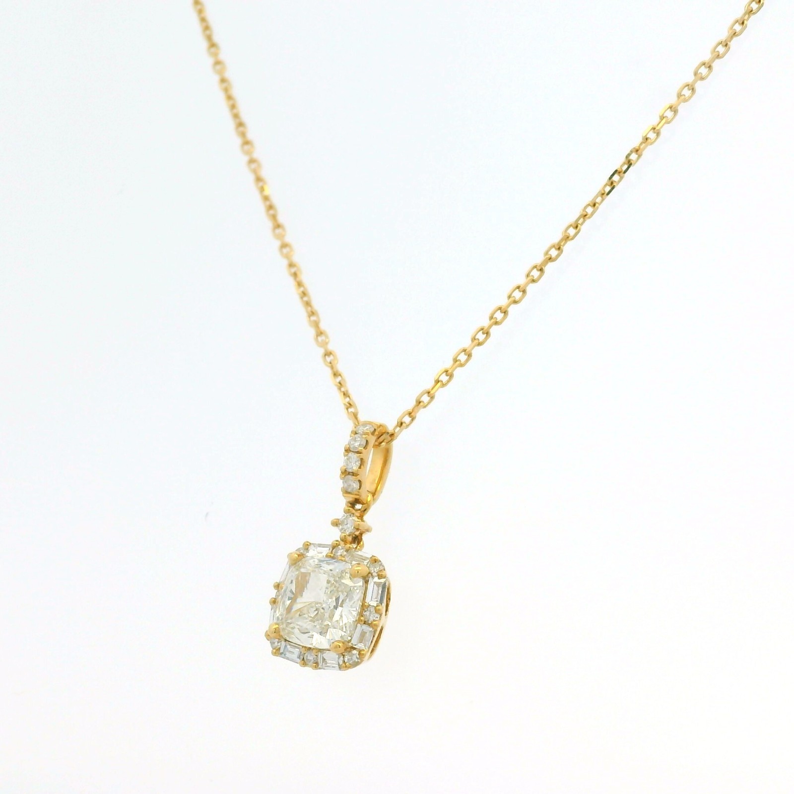 GIA 18K Yellow Gold 1.00 Carat Cushion Cut Diamond Halo Pendant Necklace