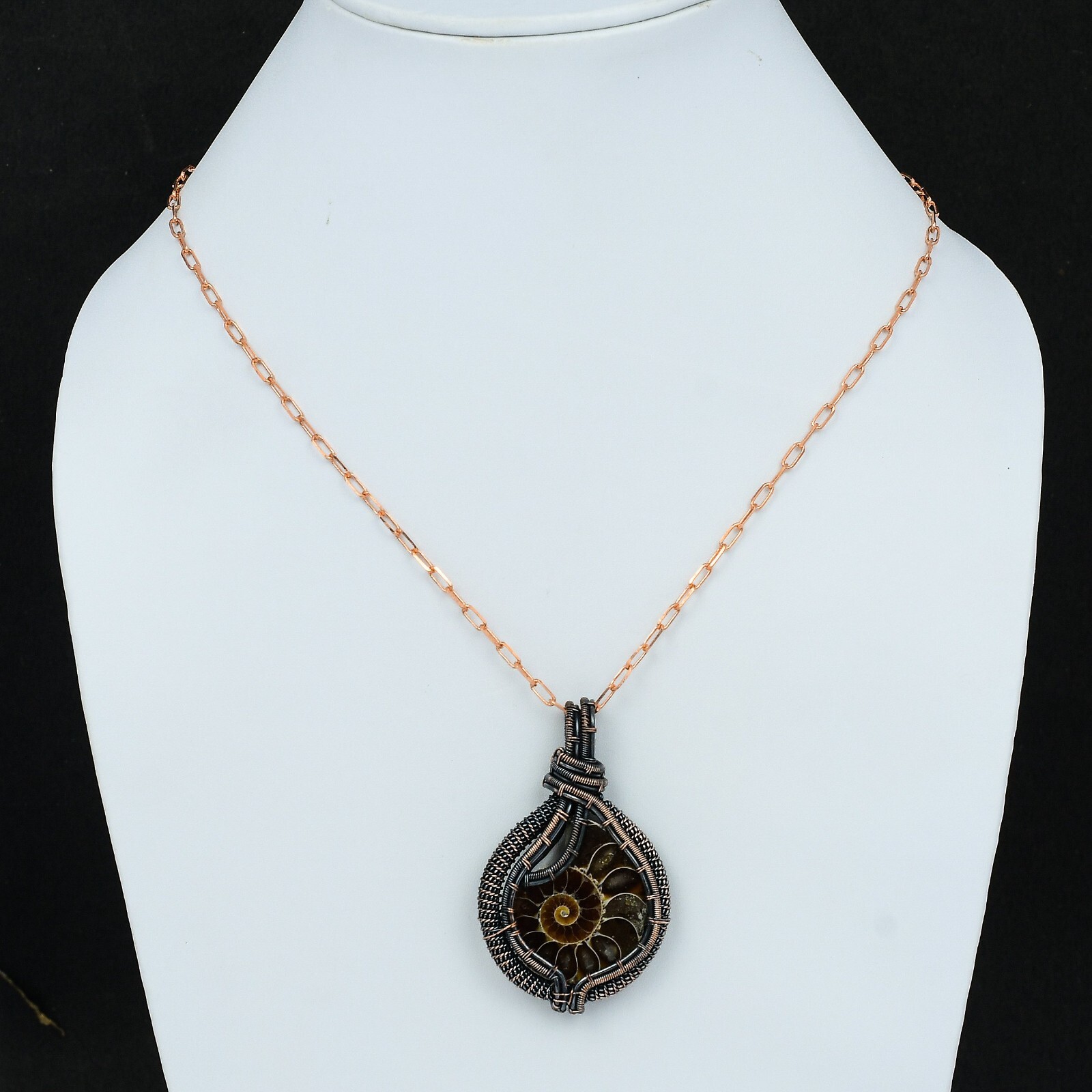 Ammonite Fossil Wire Wrapped Pendant Handcrafted Copper Gift Jewelry 2.56″