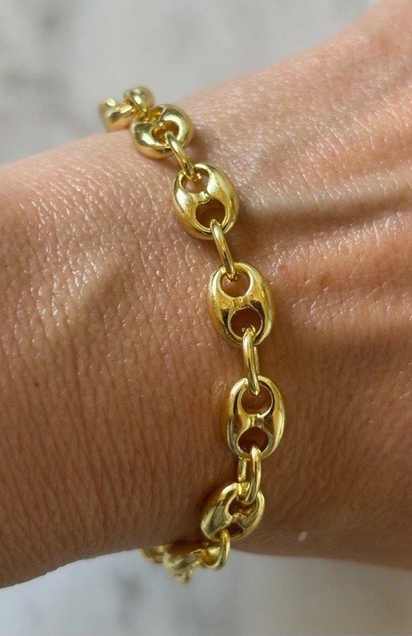14k yellow Gold Plated Puffy Puffed Anchor Mariner Link Chain bracelet new 8mm