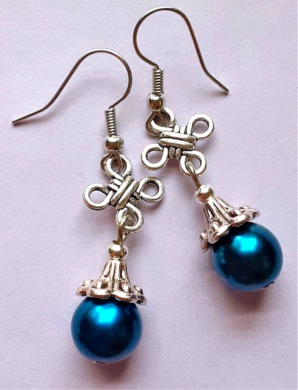 NAVY BLUE CELTIC KNOT GLASS PEARL drop earring SP FISH hook WPGH15