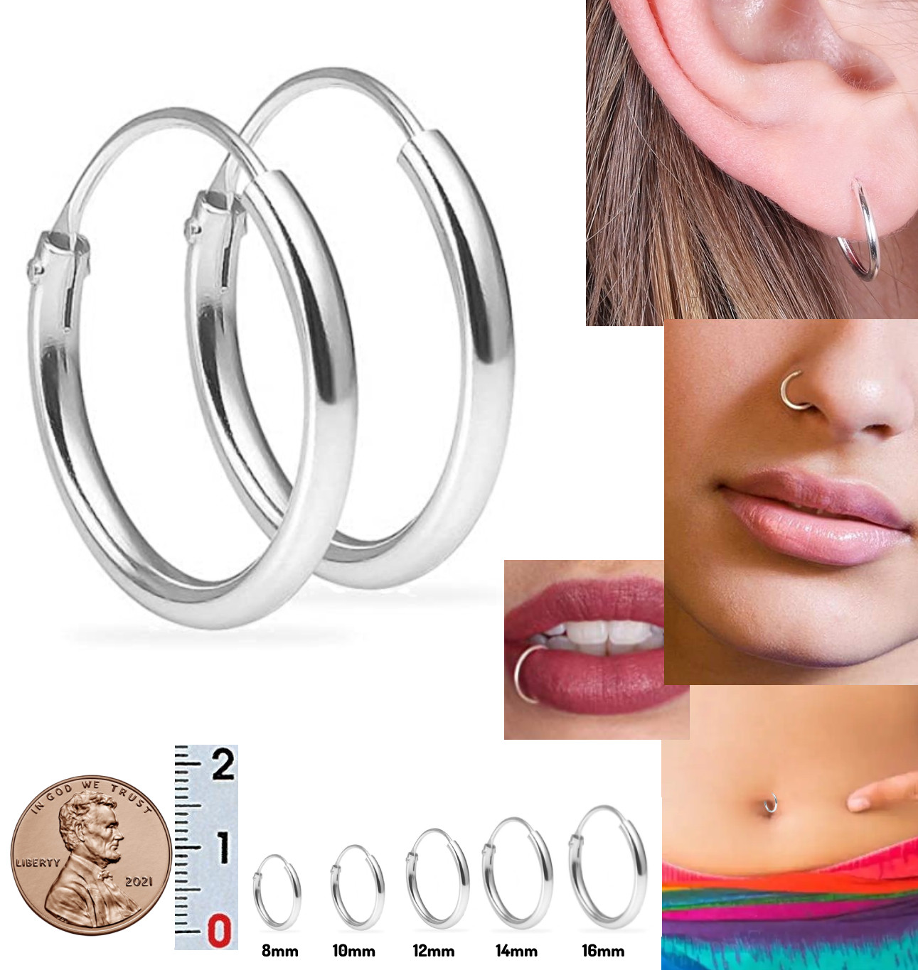 Continuous Mini Hoop Earrings 8mm 10mm 12mm 14mm 16mm Sterling Silver 925 Pair