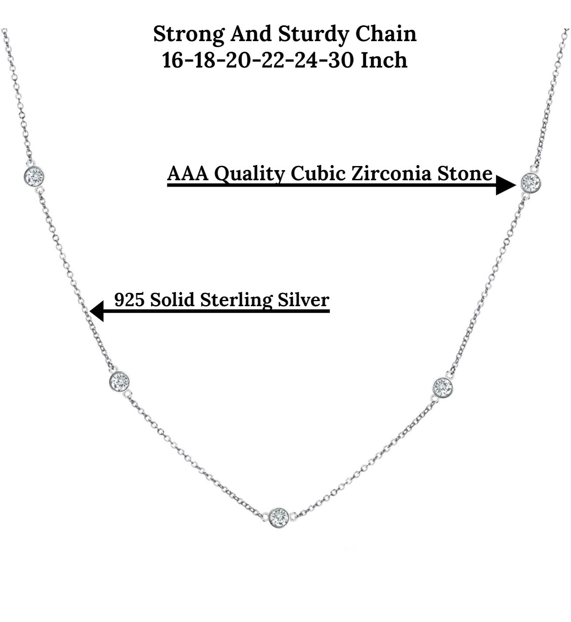 925 Solid Sterling Silver Round CZ Crystal Station Necklace Cable Chain 6 Sizes