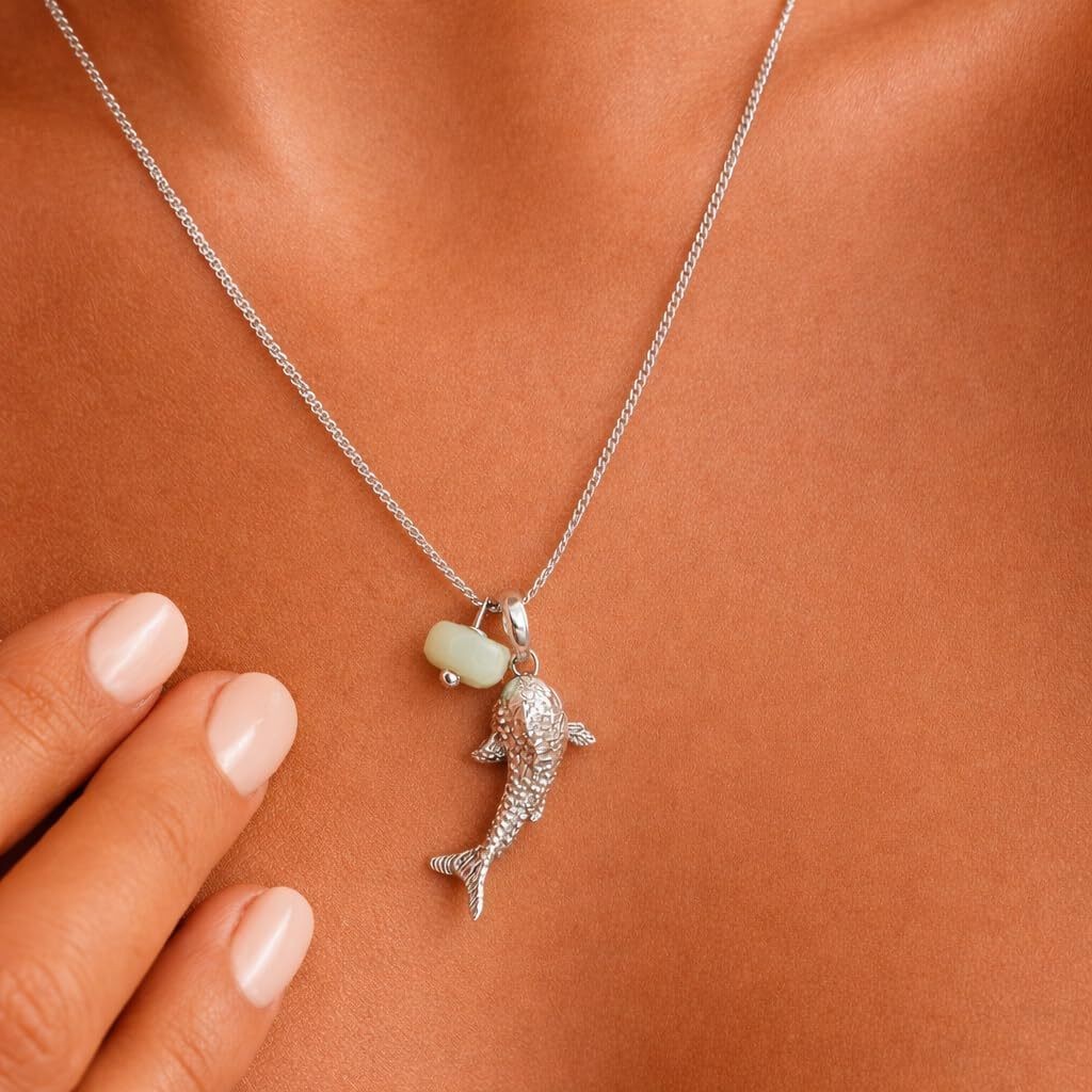 Stainless Steel Dolphin Necklace with Blue Sea Glass Accent