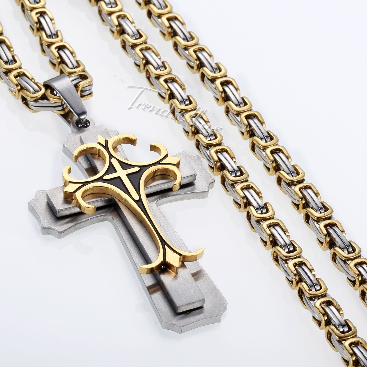 Silver/Gold Plated Mens Chain Cross Byzantine Stainless Steel PENDANT NECKLACE