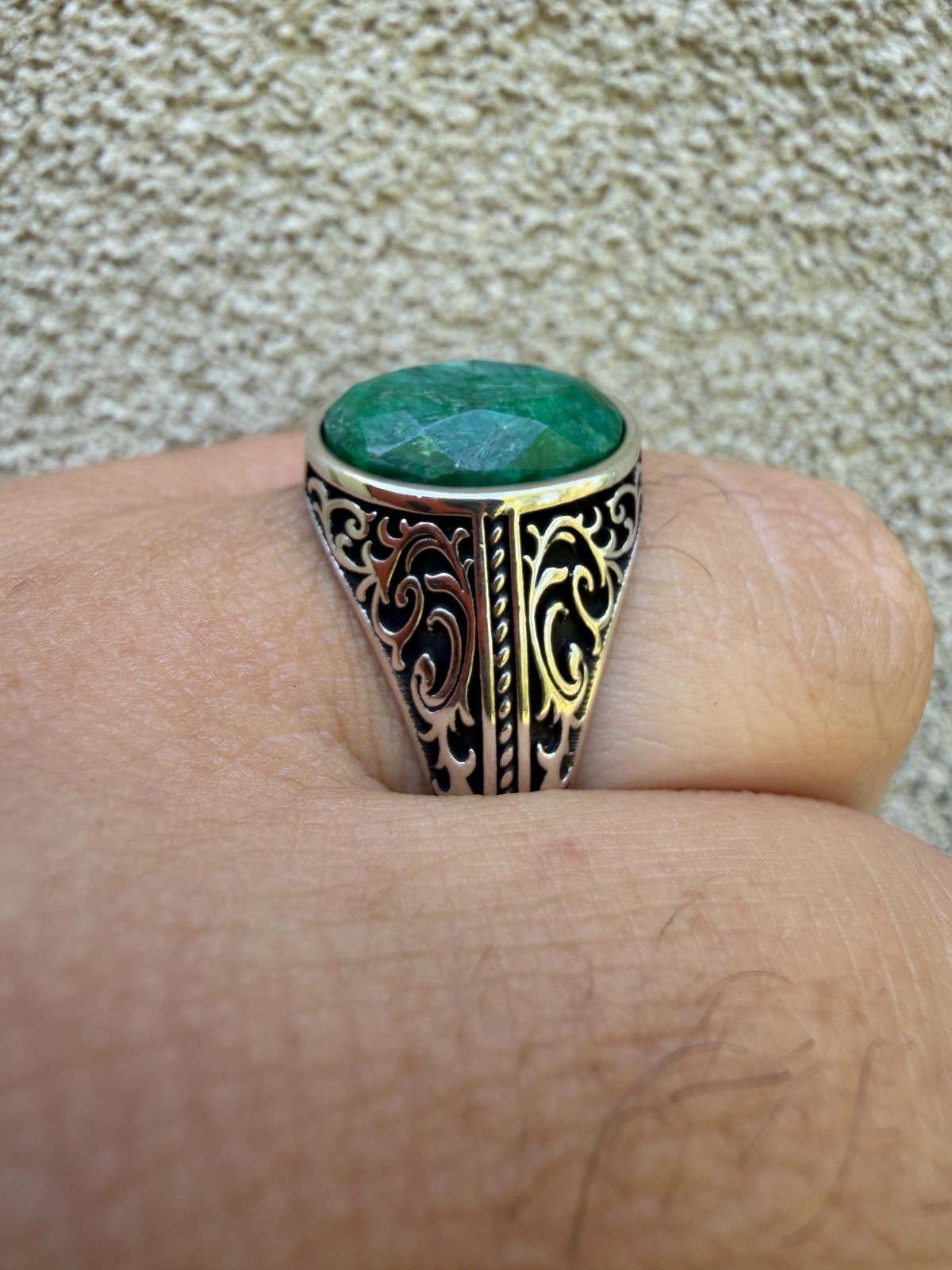 Real Columbian Green Emerald Stone Mens Solid 925 Silver Ring – Oxidized Vintage