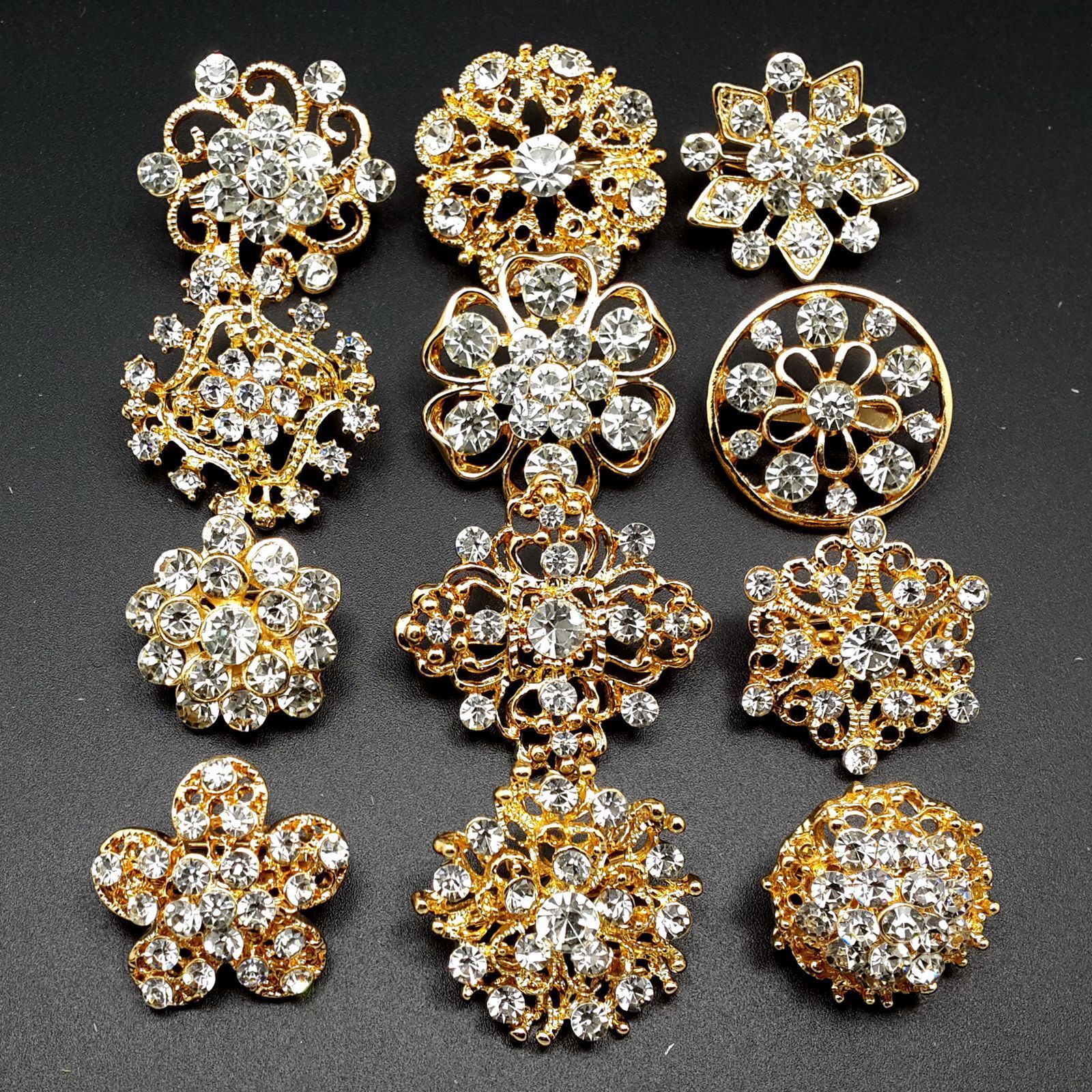 Lot 24 pc Mixed Alloy Golden Rhinestone Crystal Brooch DIY Wedding Bouquet