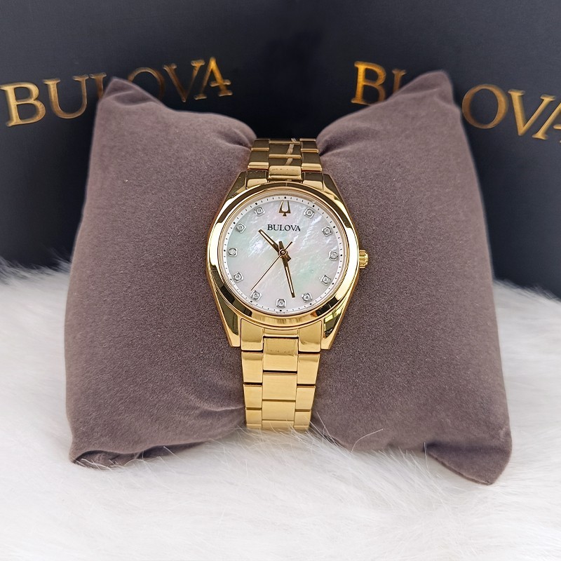 Bulova Surveyor 97P172 Gold Tone Pearl Dial Diamond Quartz Women’s Watch 31mm
